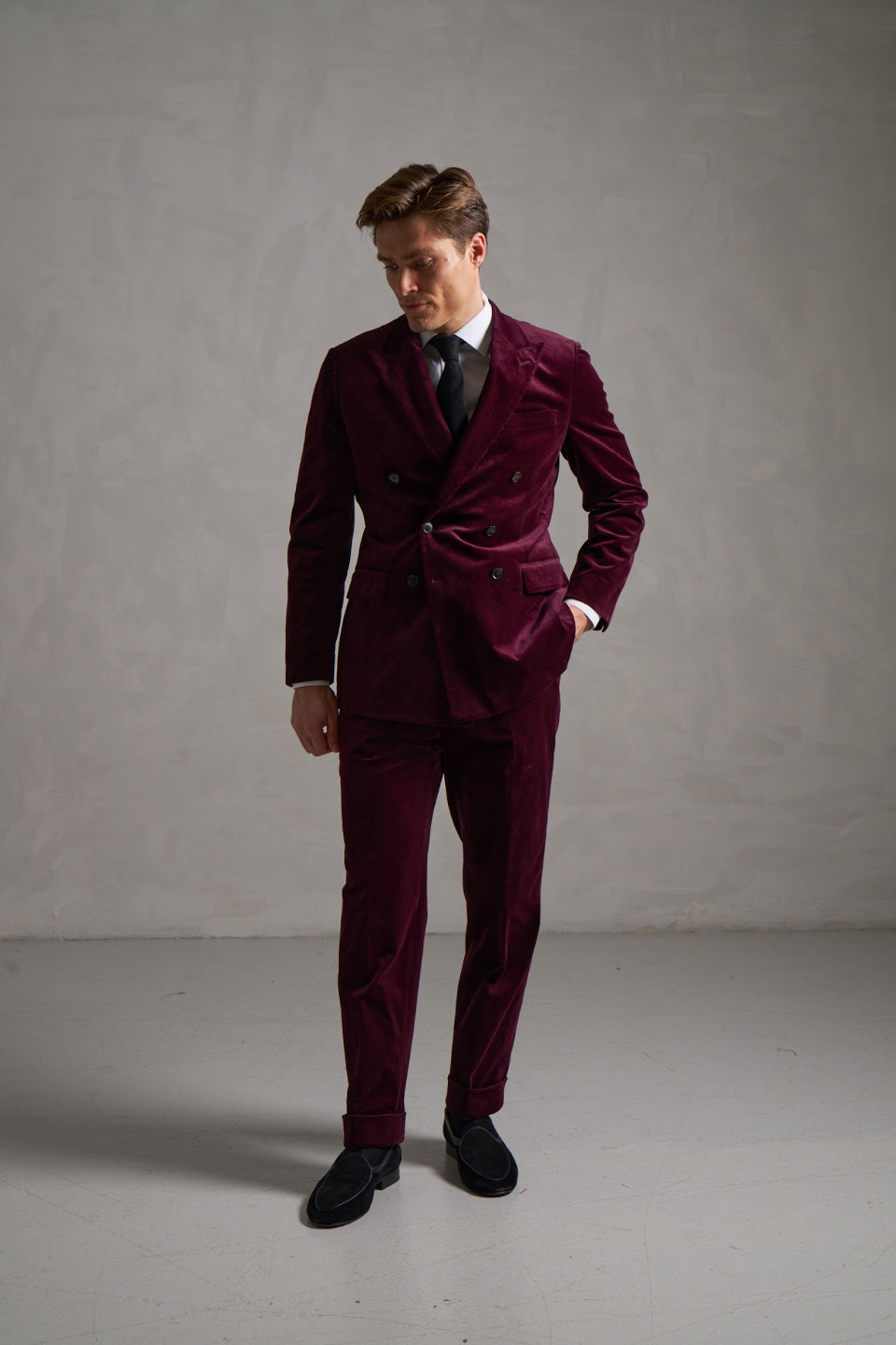 Burgundy corduroy double-breasted suit, full length