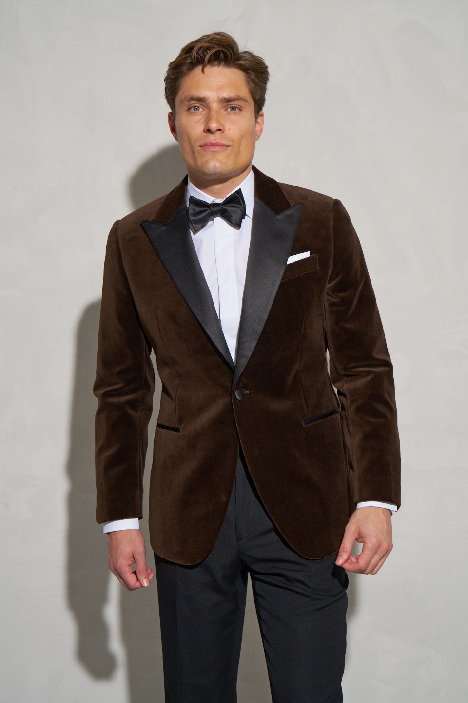 Brown velvet tuxedo jacket with satin peak lapels
