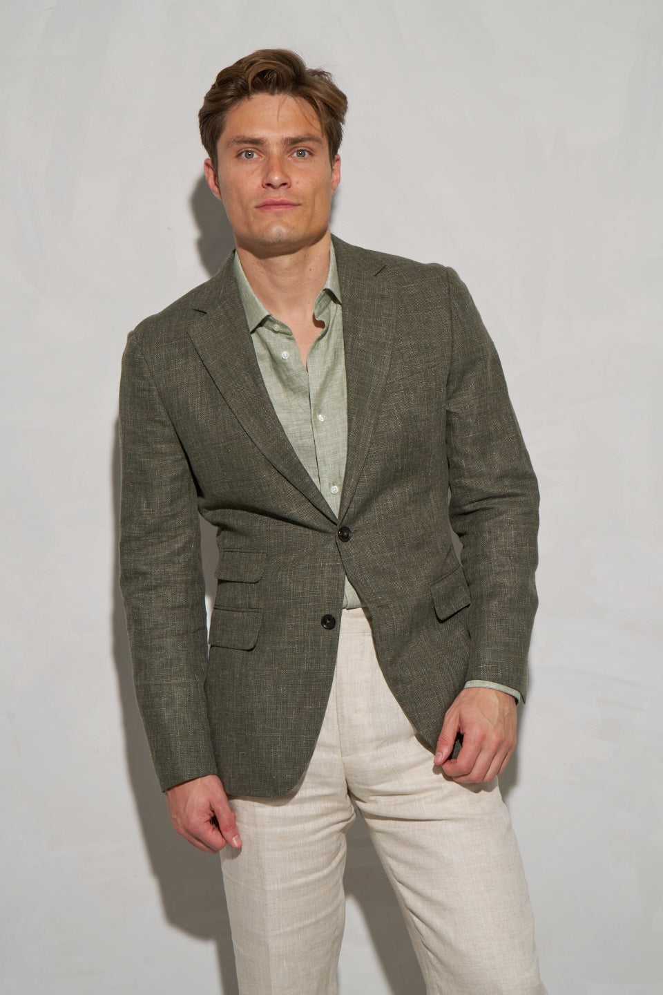 Green linen jacket with a green linen shirt