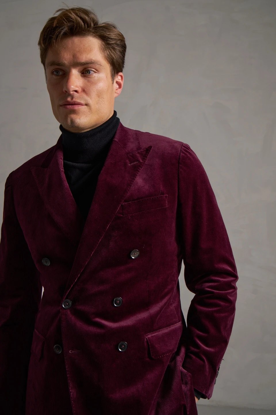 burgundy velvet double-breasted suit jacket