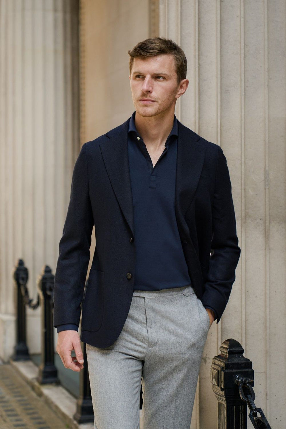 Navy made-to-measure blazer with grey flannel trousers