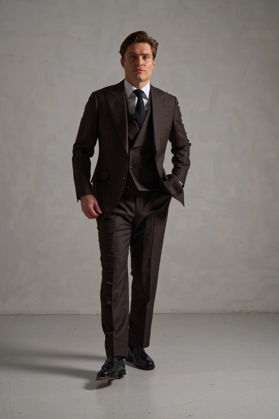 Brown three-piece made-to-measure suit
