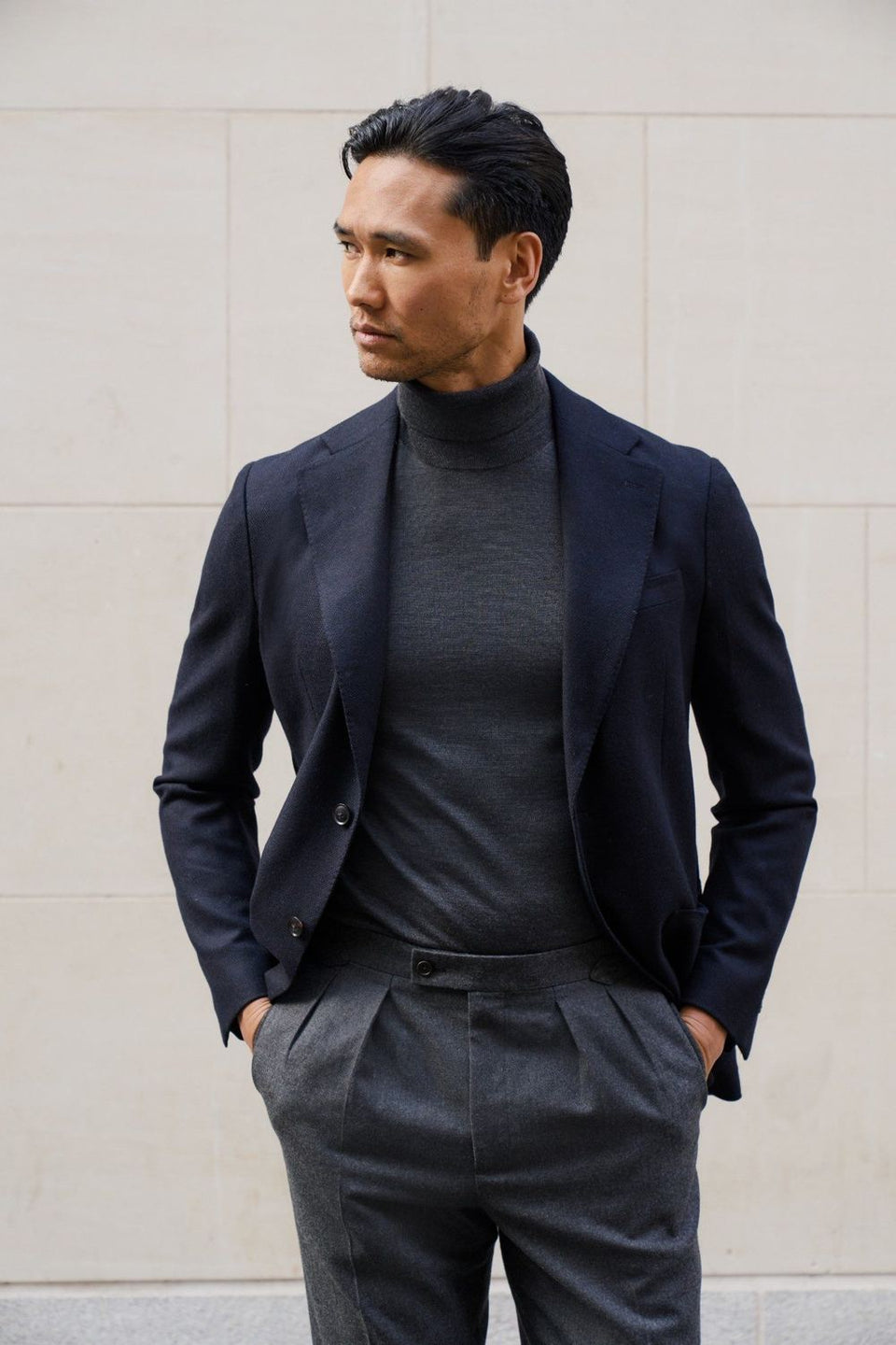 Navy made-to-measure blazer with a grey roll-neck