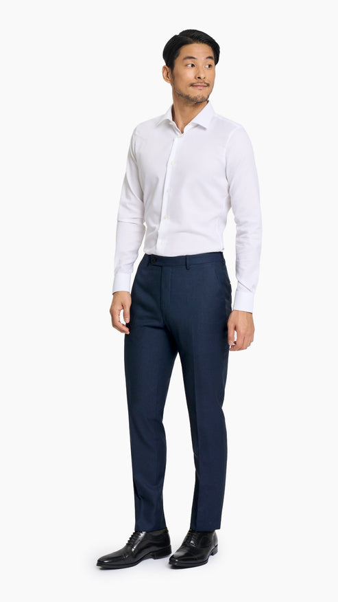Navy twill custom trousers, front view