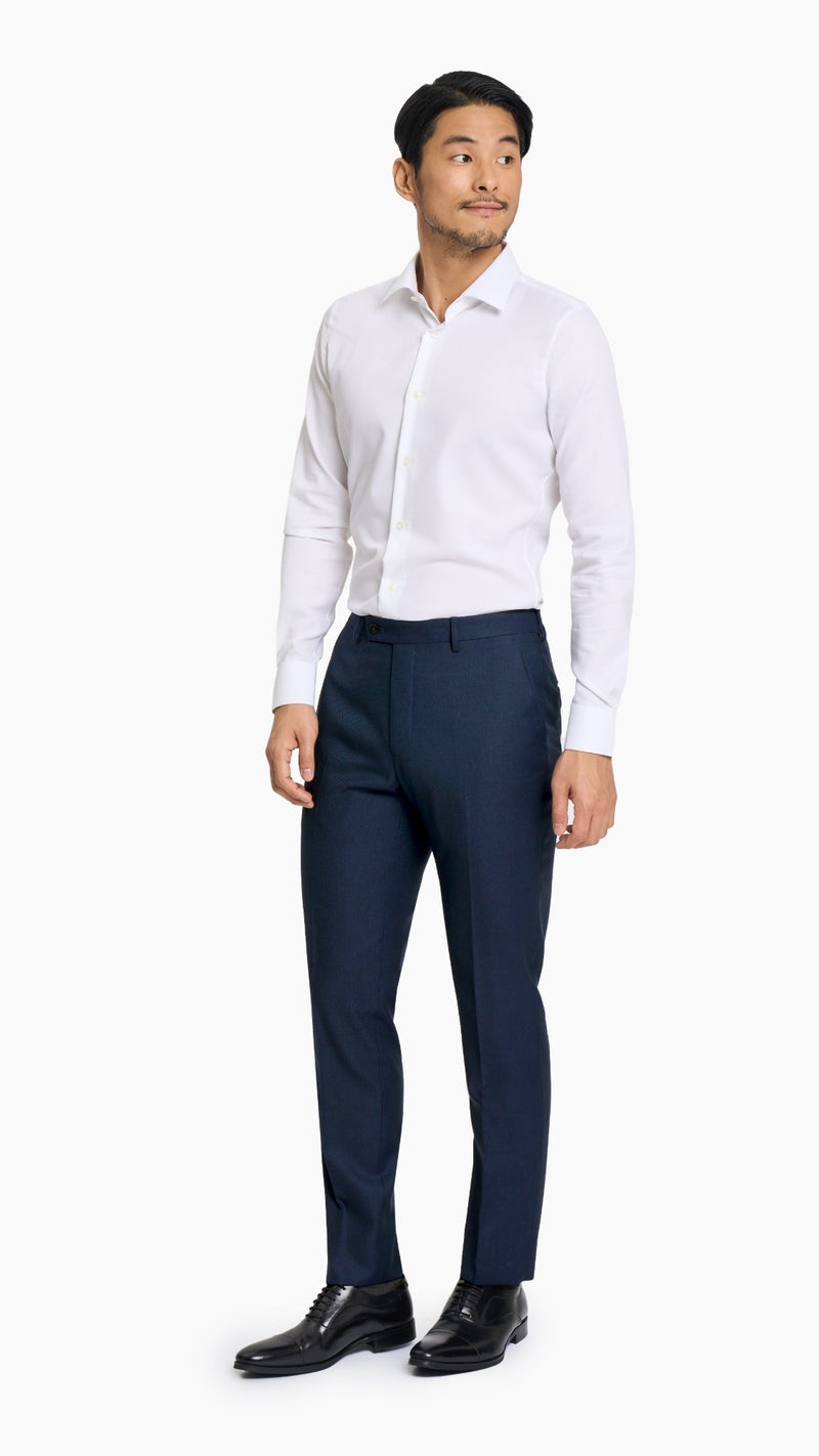 Navy twill custom trousers, front view