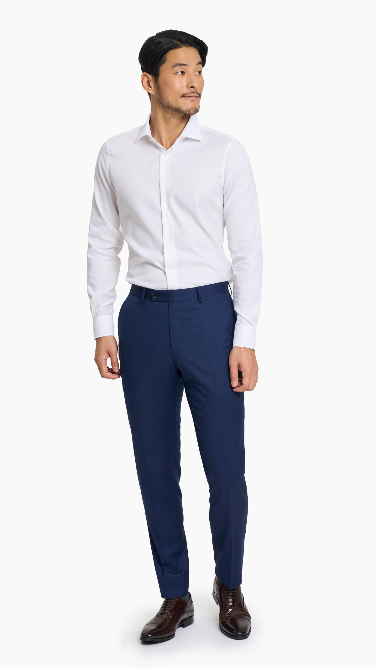 Blue twill custom trousers, front view