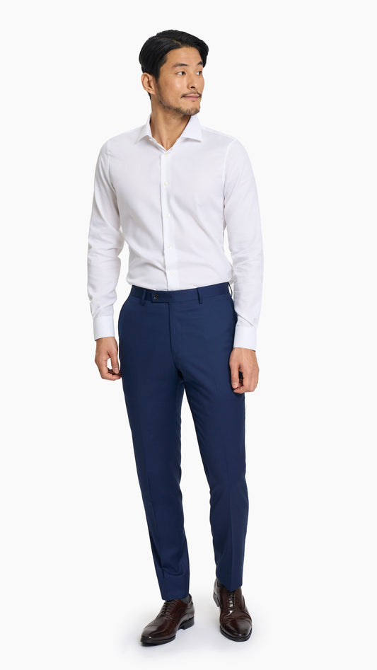 Blue twill custom trousers, front view