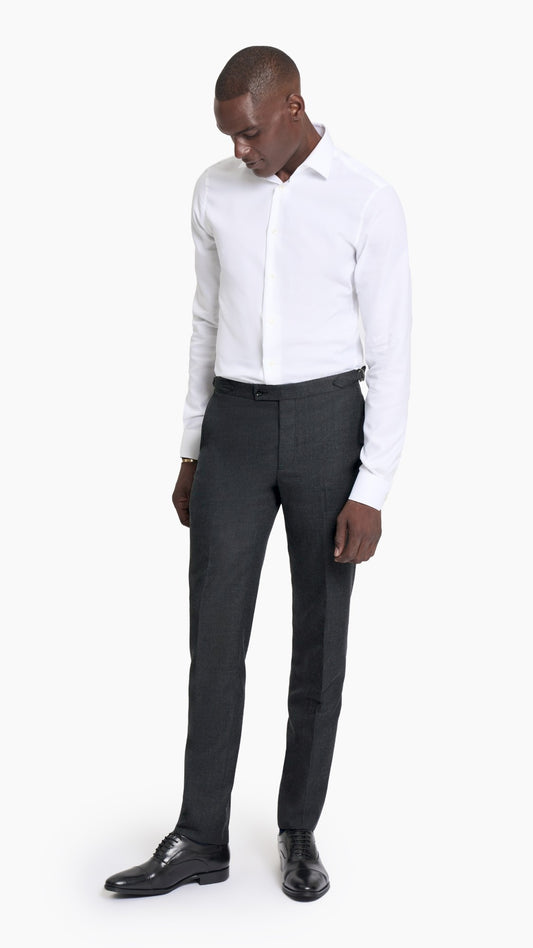 Carbon grey twill custom trousers, front view