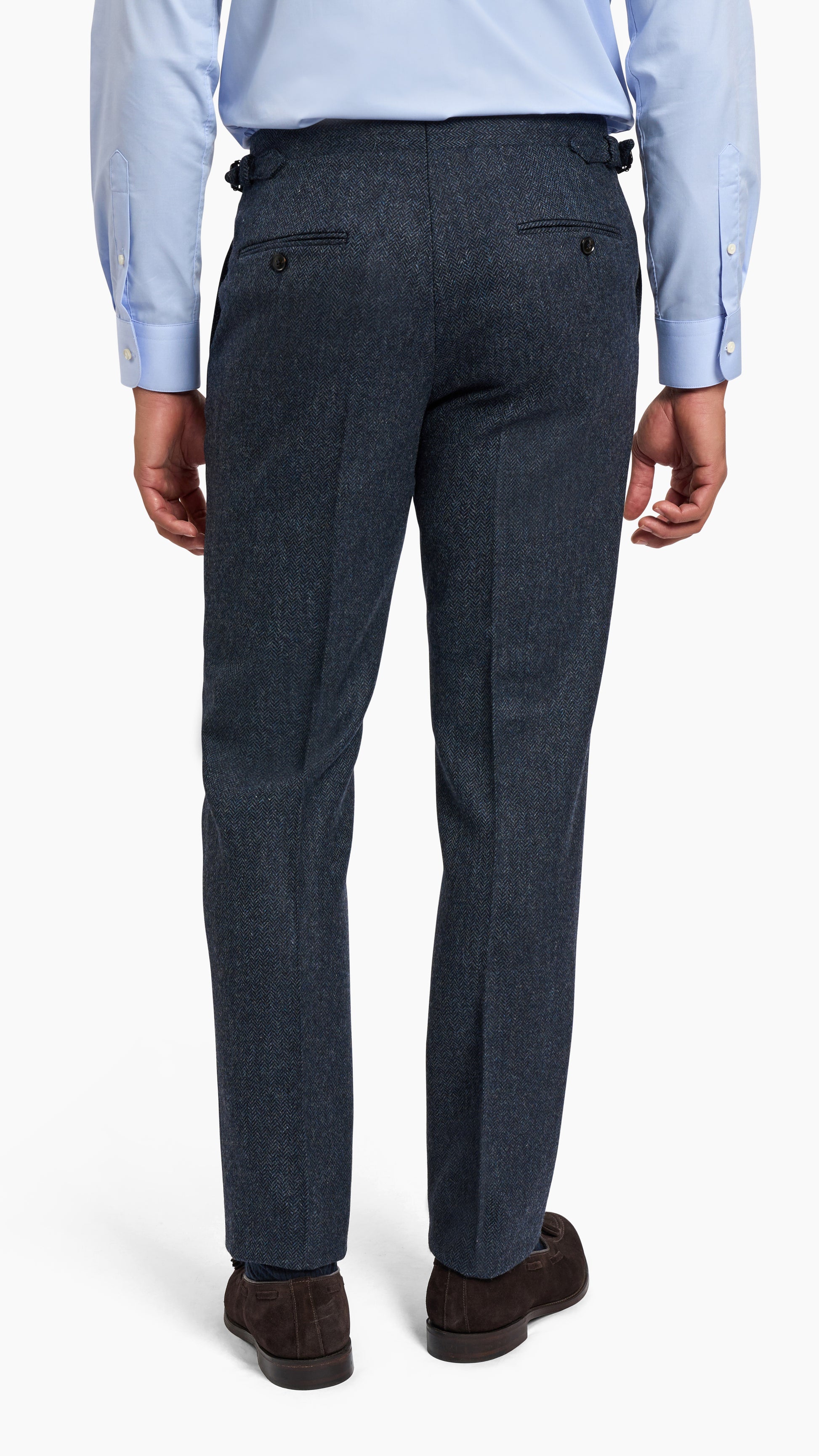 Abraham Moon Navy Tweed Suit trousers shown from back with textured navy wool fabric and buttoned pockets.