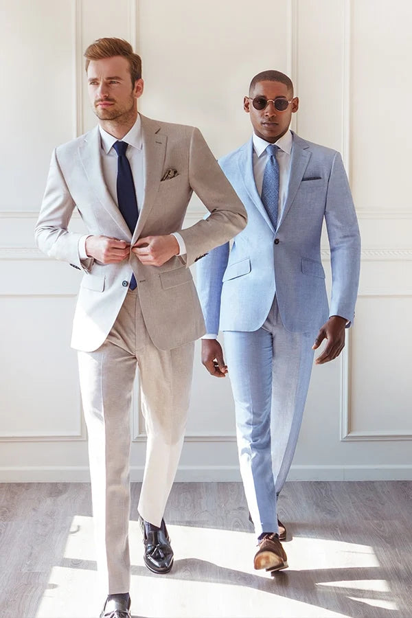 Beige and light blue summer linen wedding suits
