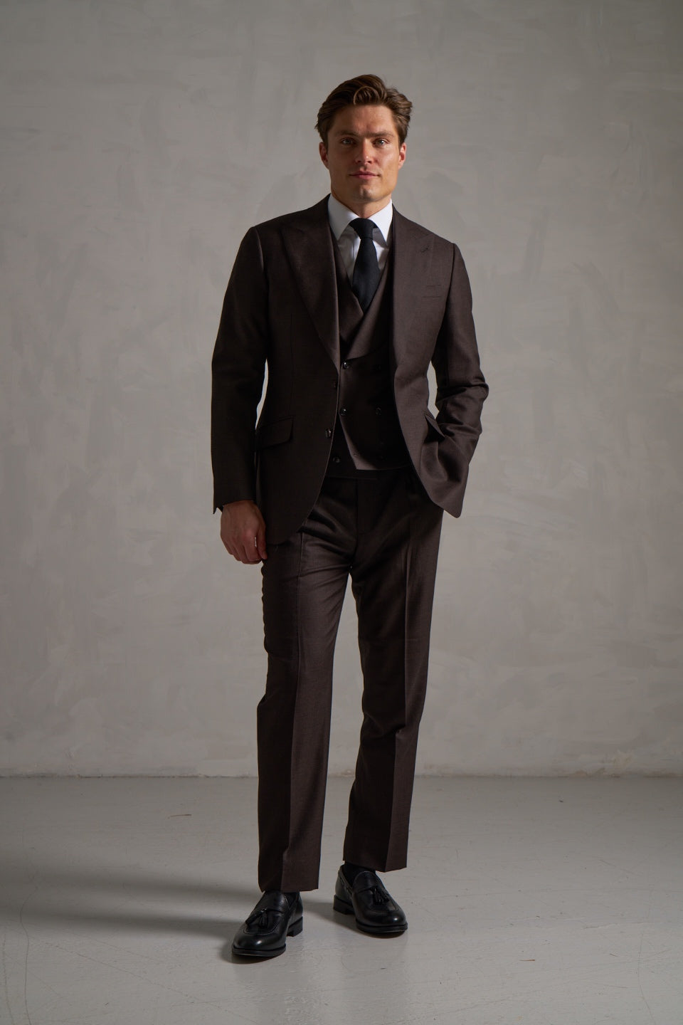 Brown wool three-piece suit, full length