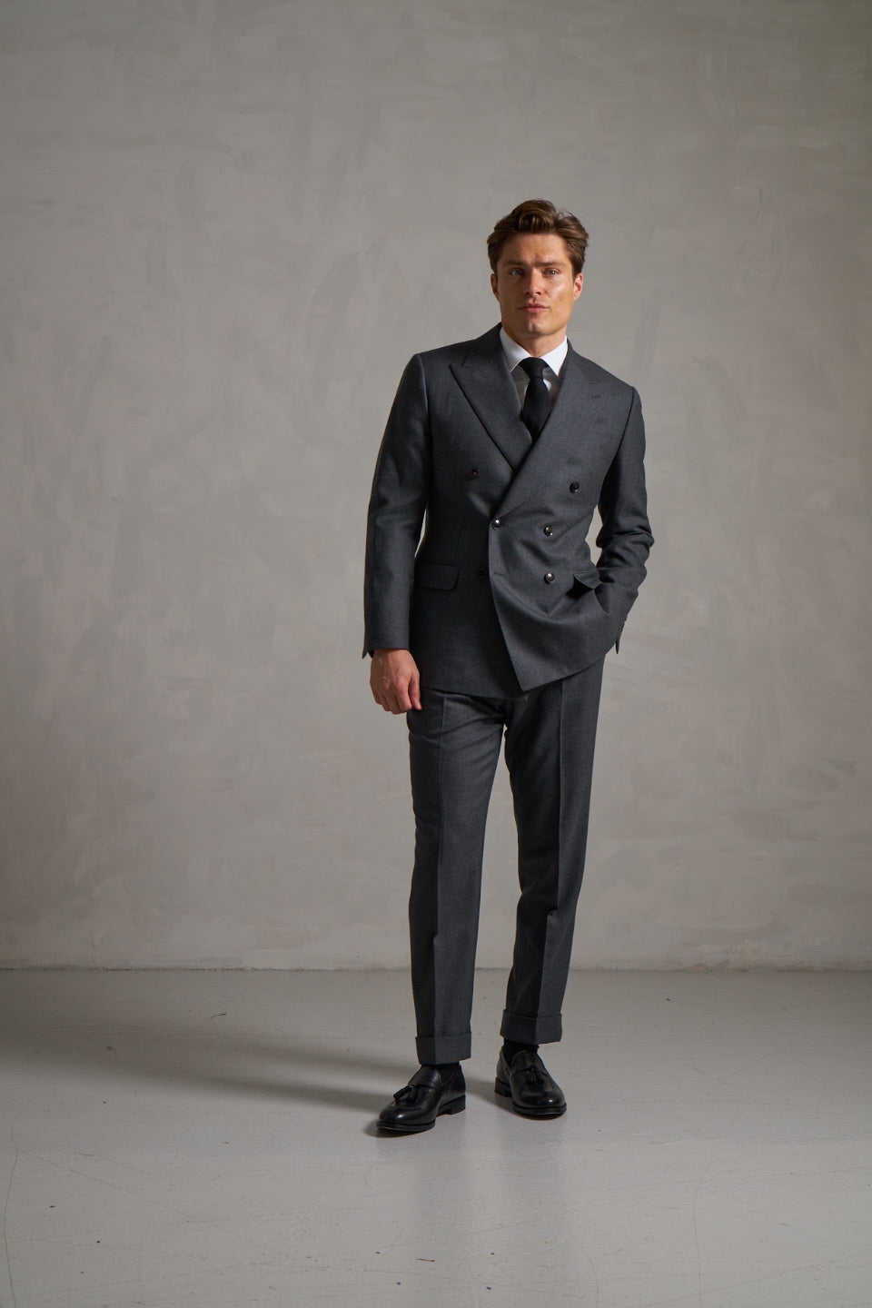 dark grey double-breasted suit