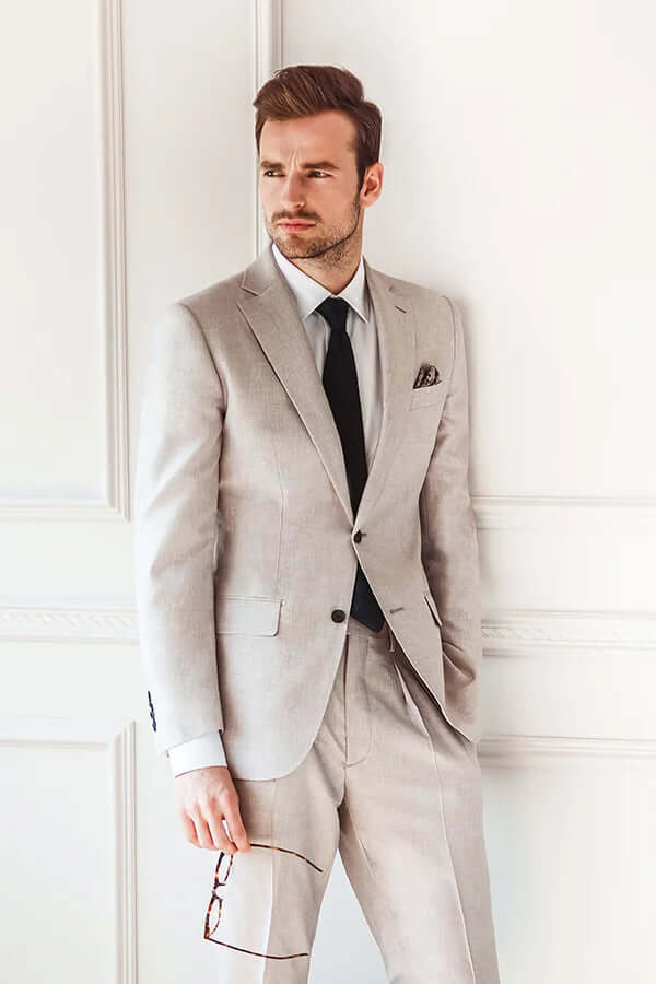 Beige Tailored Wedding Suit with Navy Tie