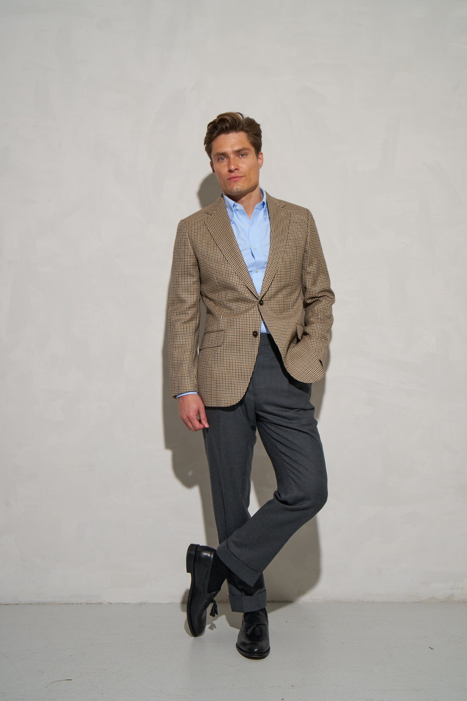 Houndstooth made-to-measure jacket with grey flannel trousers