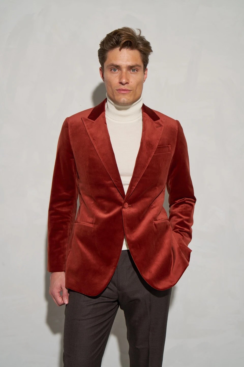 Rust velvet jacket with cream roll-neck