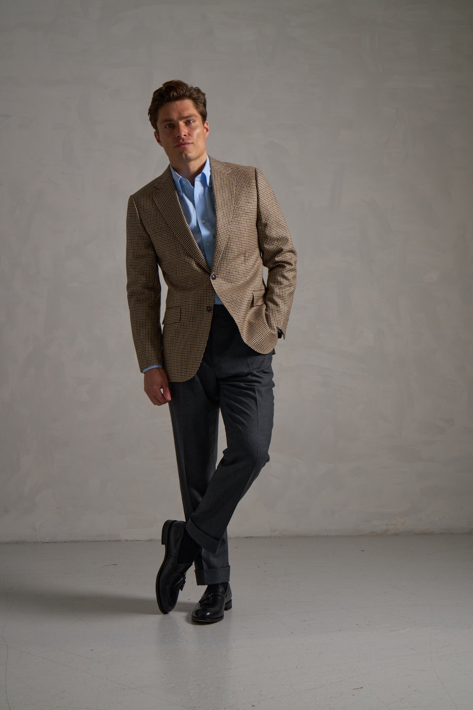 Houndstooth blazer with blue oxford shirt and grey flannel trousers